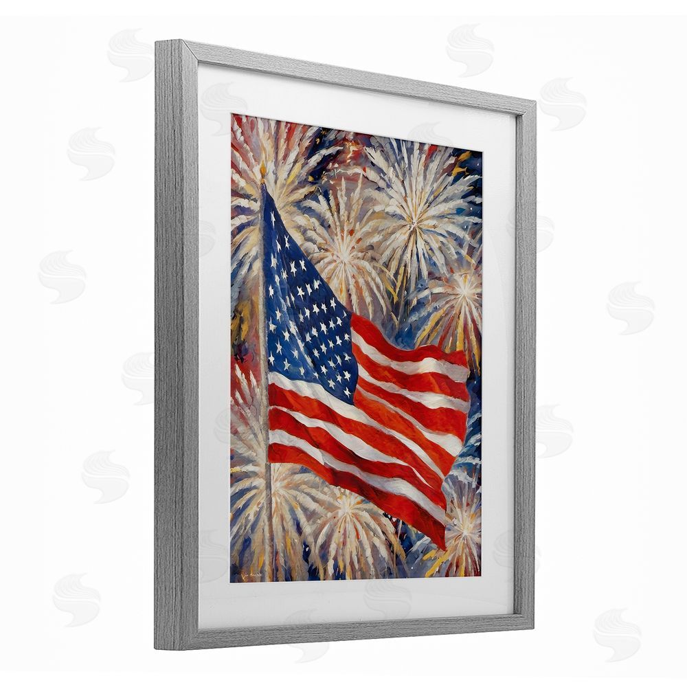 Jo Moulton American Flag over Fireworks Gray Framed Print Under Glass Wall Art