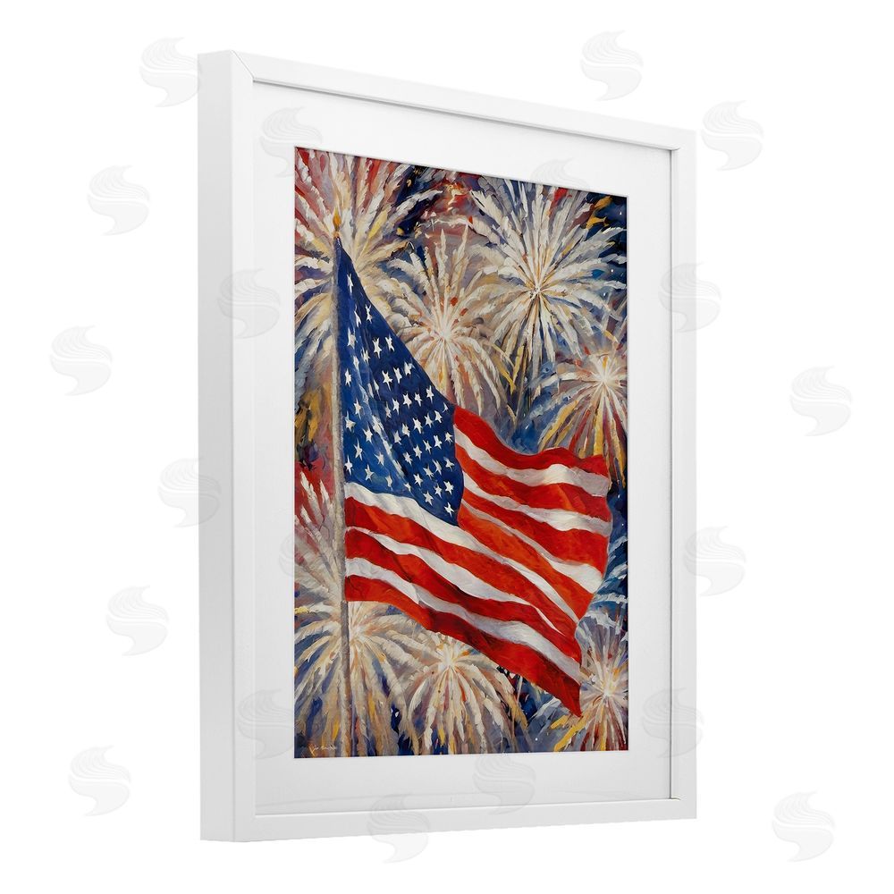 Jo Moulton American Flag over Fireworks White Framed Print Under Glass Wall Art