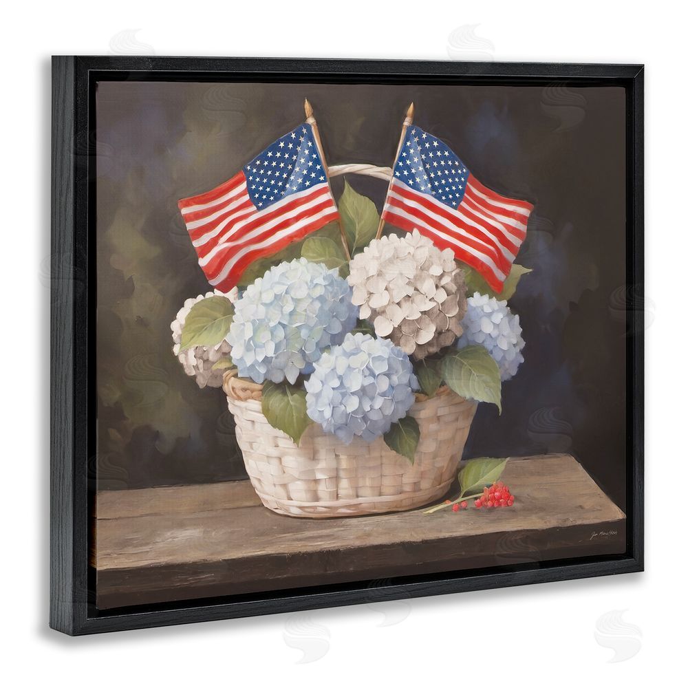 Jo Moulton American Flag Hydrangea Basket Black Floating Frame Canvas Wall Art Print