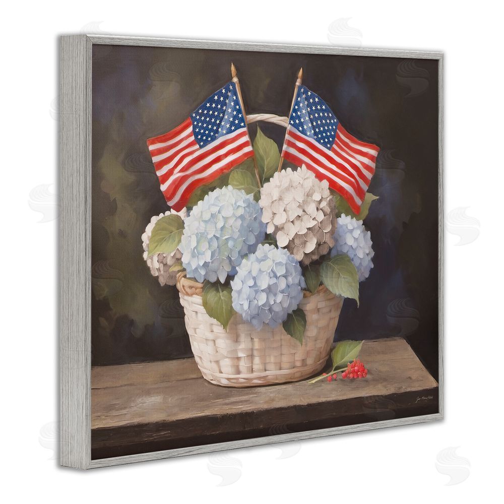 Jo Moulton American Flag Hydrangea Basket Gray Framed Giclee Wall Art Print