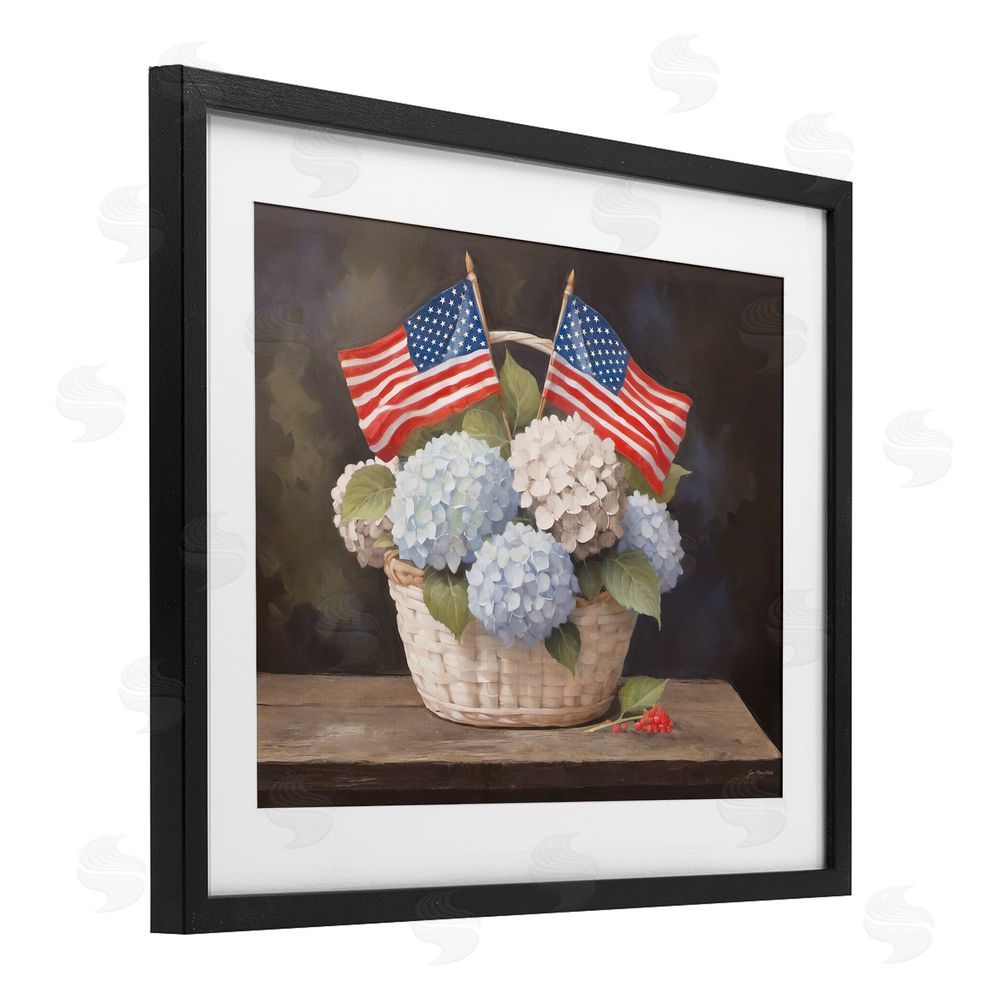 Jo Moulton American Flag Hydrangea Basket Black Framed Print Under Glass Wall Art