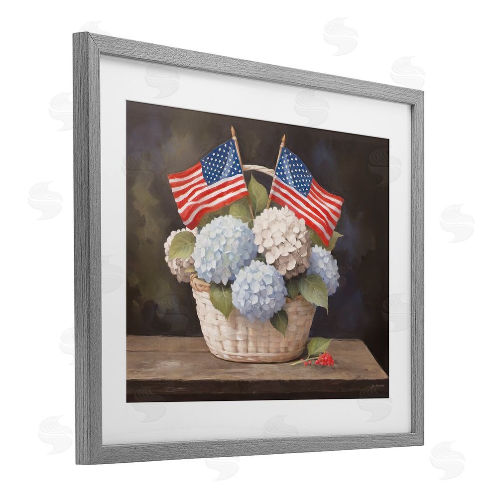 Jo Moulton American Flag Hydrangea Basket Gray Framed Print Under Glass Wall Art