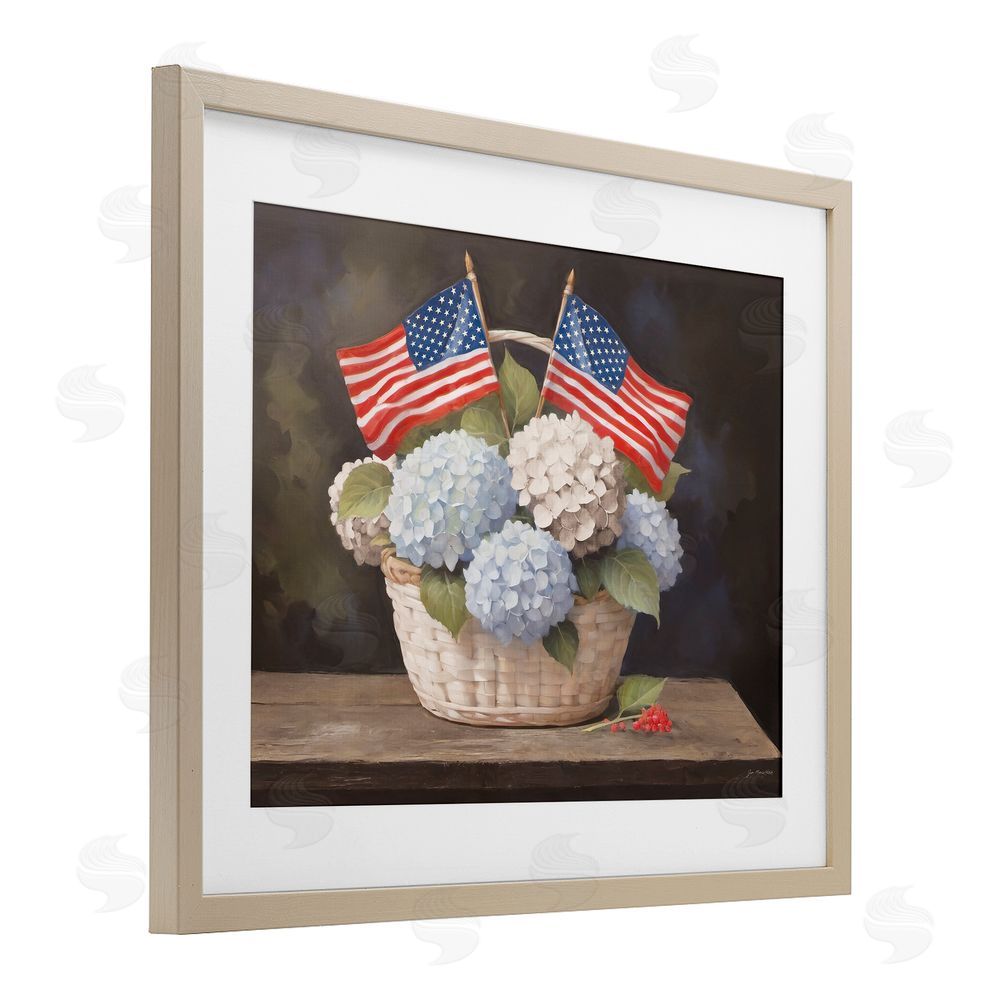 Jo Moulton American Flag Hydrangea Basket Brown Framed Print Under Glass Wall Art