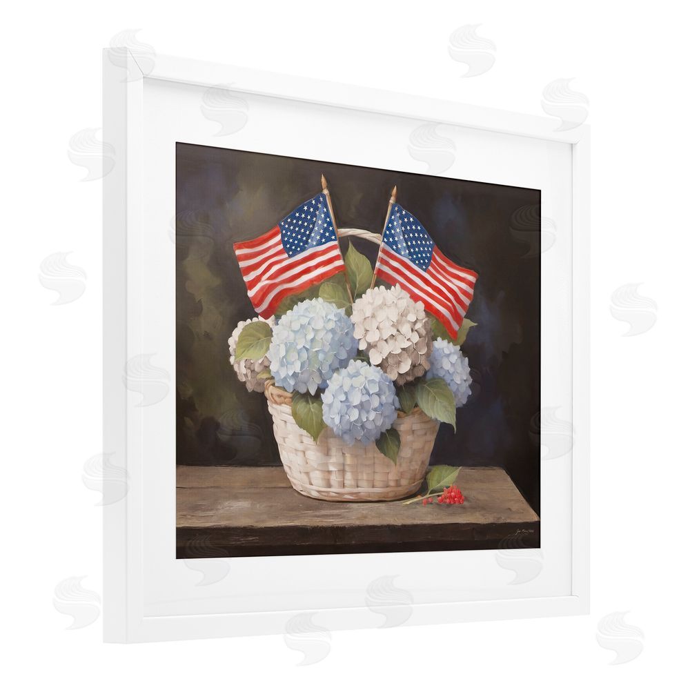 Jo Moulton American Flag Hydrangea Basket White Framed Print Under Glass Wall Art