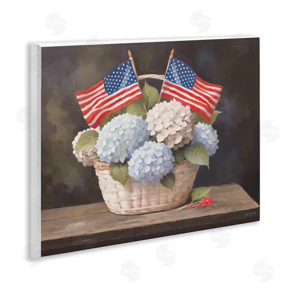 Jo Moulton American Flag Hydrangea Basket Wooden Wall Plaque Art Print
