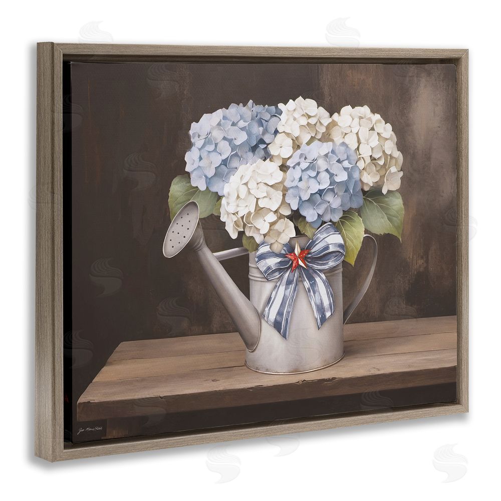 Jo Moulton Americana Hydrangea Watering Can Brown Floating Frame Canvas Wall Art Print