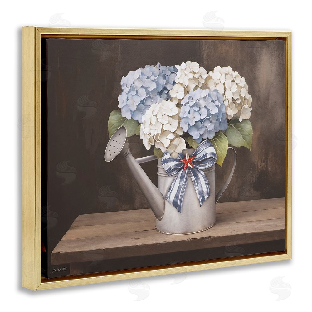 Jo Moulton Americana Hydrangea Watering Can Gold Floating Frame Canvas Wall Art Print