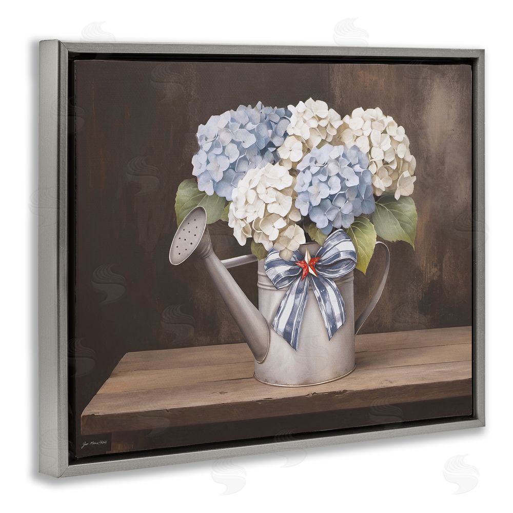 Jo Moulton Americana Hydrangea Watering Can Gray Floating Frame Canvas Wall Art Print