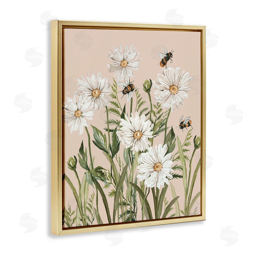 Cindy Jacobs Bees Among White Daisy Blooms Gold Floating Frame Canvas Wall Art Print