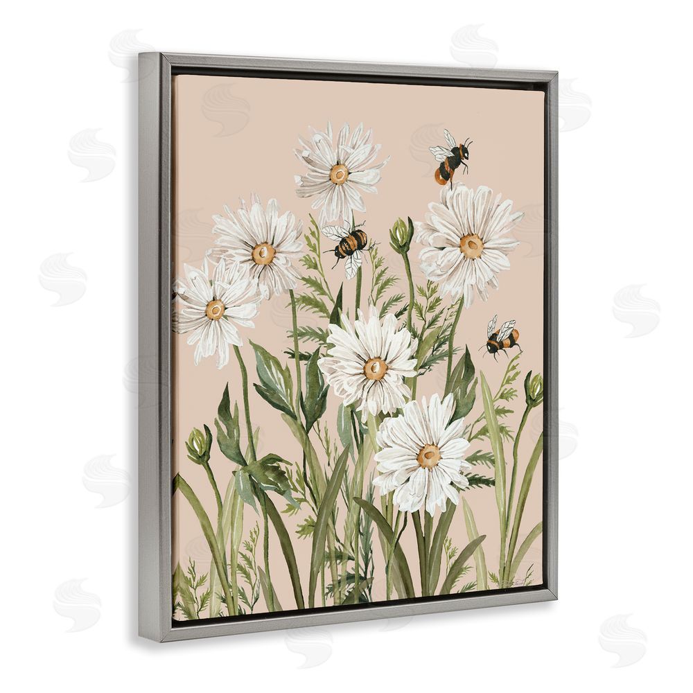 Cindy Jacobs Bees Among White Daisy Blooms Gray Floating Frame Canvas Wall Art Print