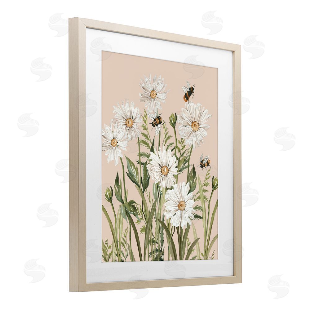 Cindy Jacobs Bees Among White Daisy Blooms Brown Framed Print Under Glass Wall Art
