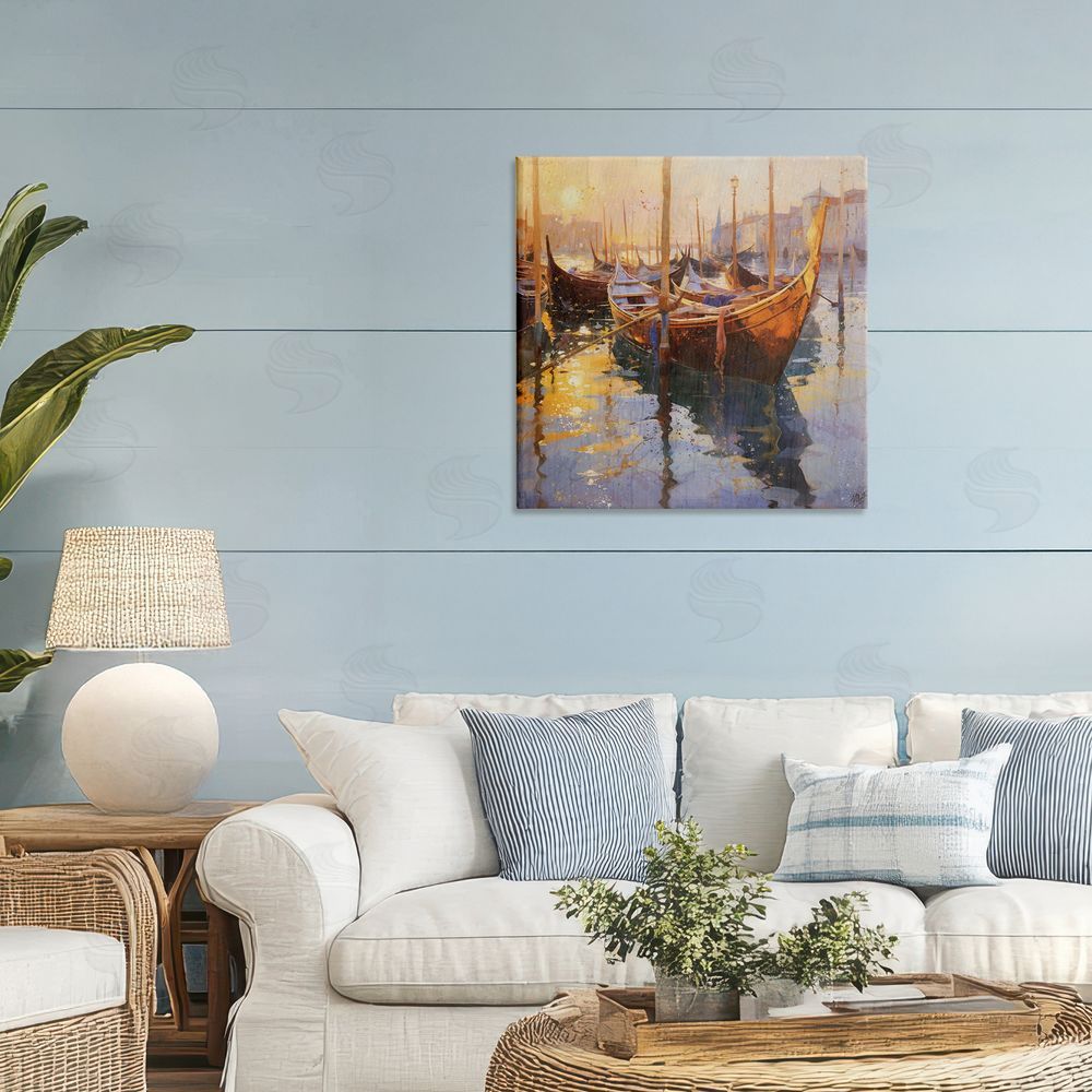 Marta Wiley Venetian Gondolas in Golden Light Stretched Canvas Wall Art in Room