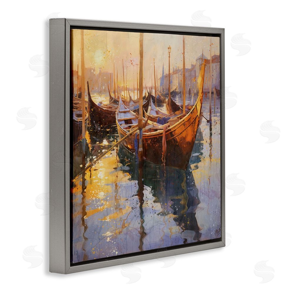 Marta Wiley Venetian Gondolas in Golden Light Gray Floating Frame Canvas Wall Art Print