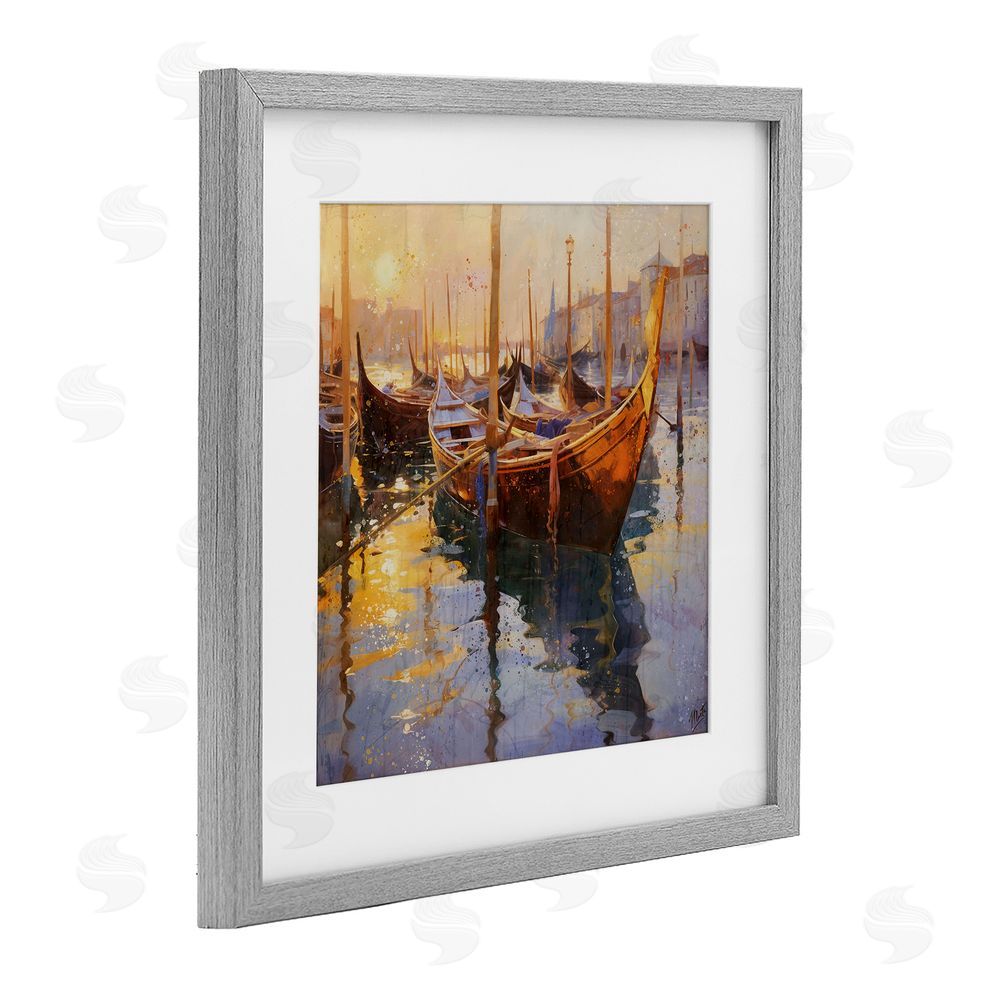 Marta Wiley Venetian Gondolas in Golden Light Gray Framed Print Under Glass Wall Art
