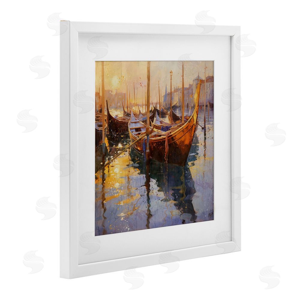 Marta Wiley Venetian Gondolas in Golden Light White Framed Print Under Glass Wall Art