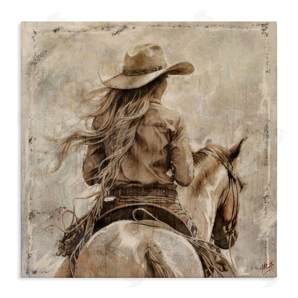 Marta Wiley Windblown Cowgirl on Horseback Stretched Canvas Wall Art Print