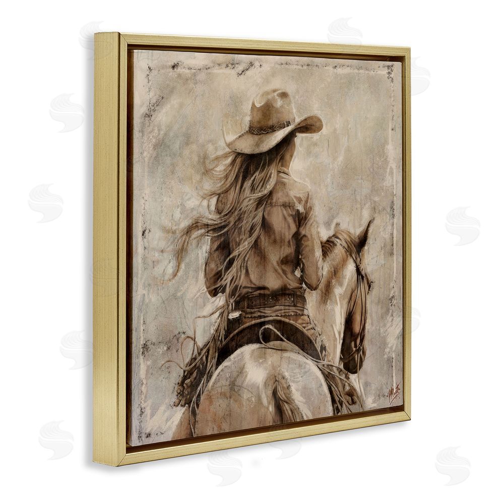 Marta Wiley Windblown Cowgirl on Horseback Gold Floating Frame Canvas Wall Art Print