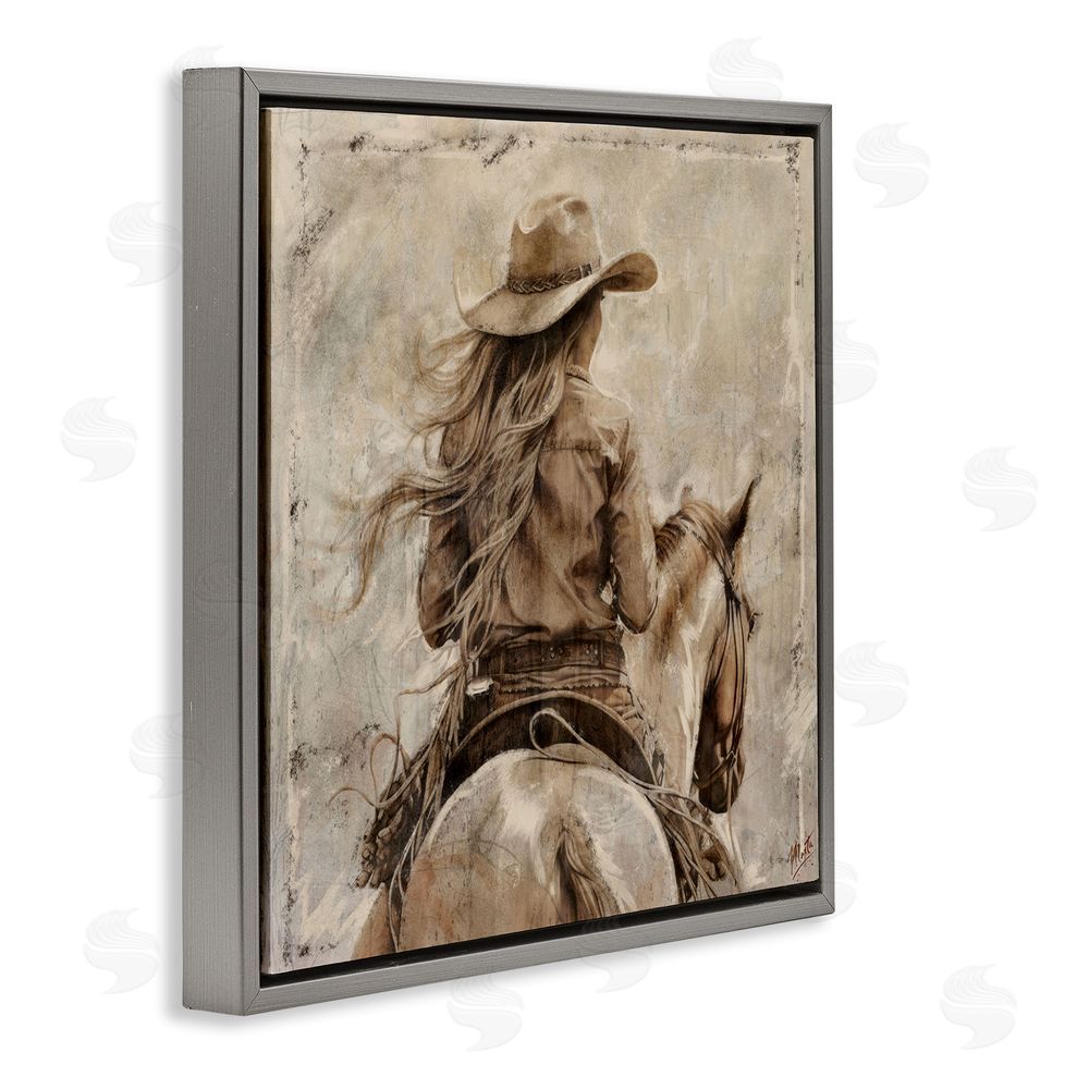 Marta Wiley Windblown Cowgirl on Horseback Gray Floating Frame Canvas Wall Art Print