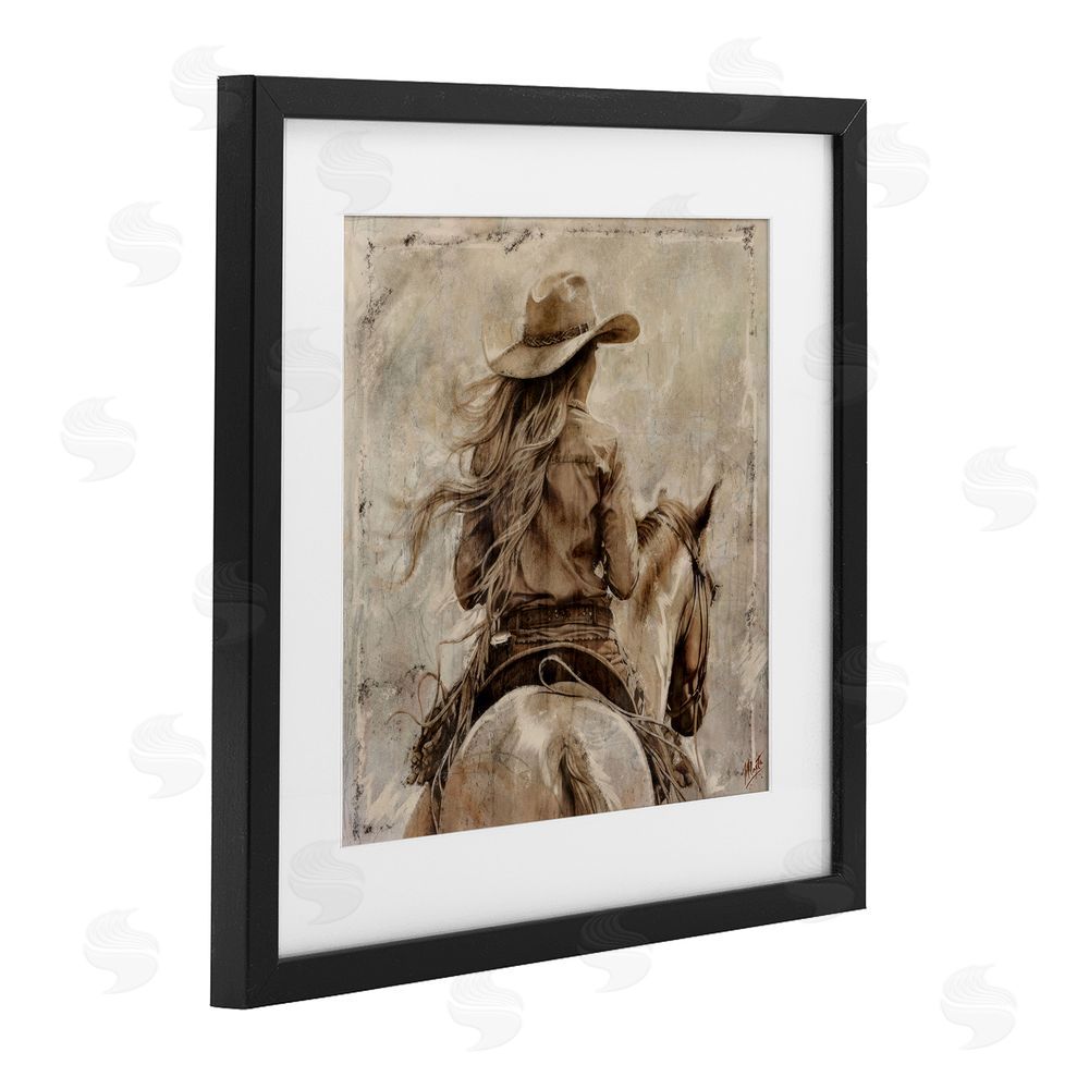 Marta Wiley Windblown Cowgirl on Horseback Black Framed Print Under Glass Wall Art