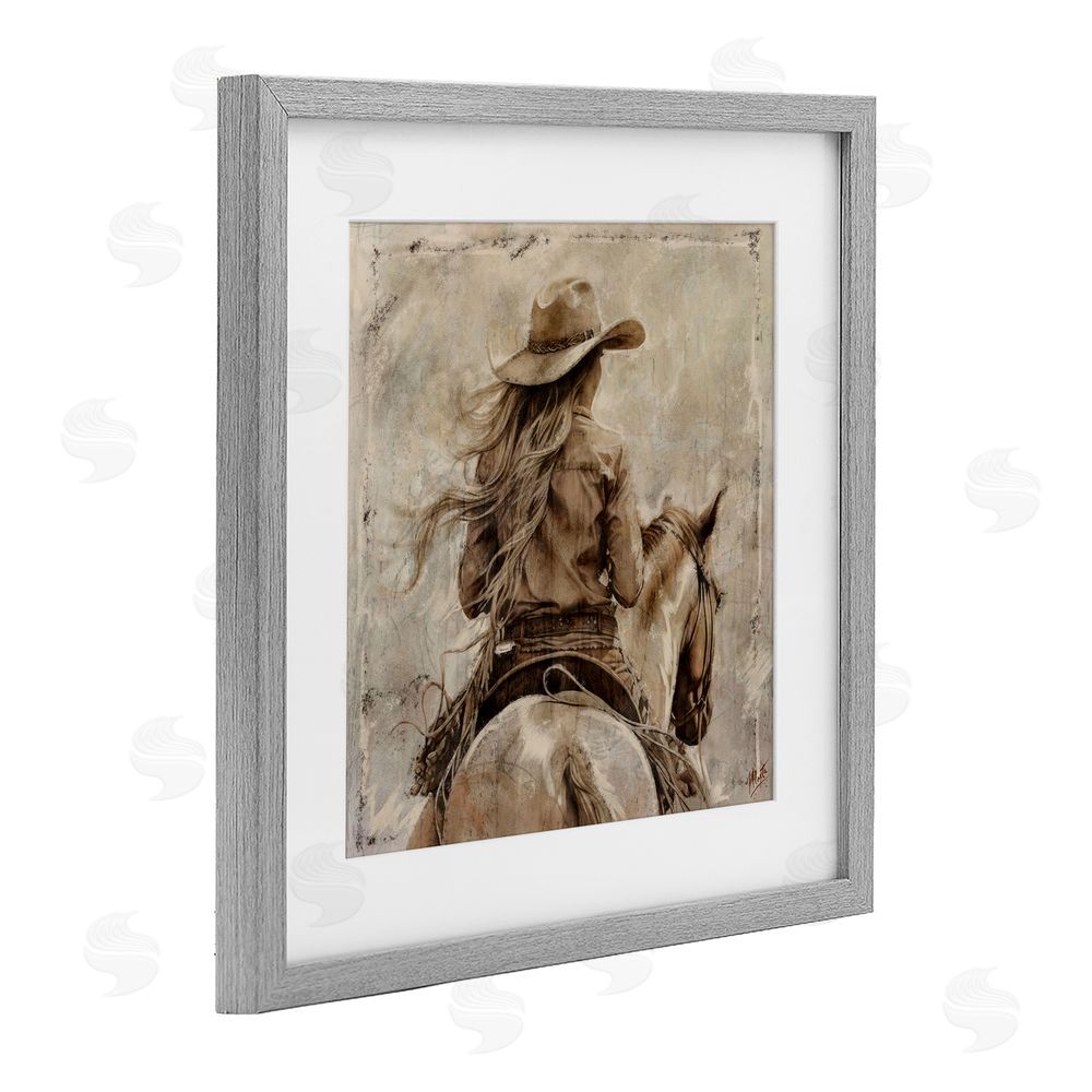 Marta Wiley Windblown Cowgirl on Horseback Gray Framed Print Under Glass Wall Art