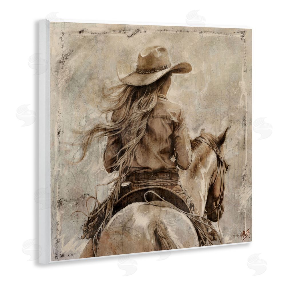 Marta Wiley Windblown Cowgirl on Horseback Wooden Wall Plaque Art Print