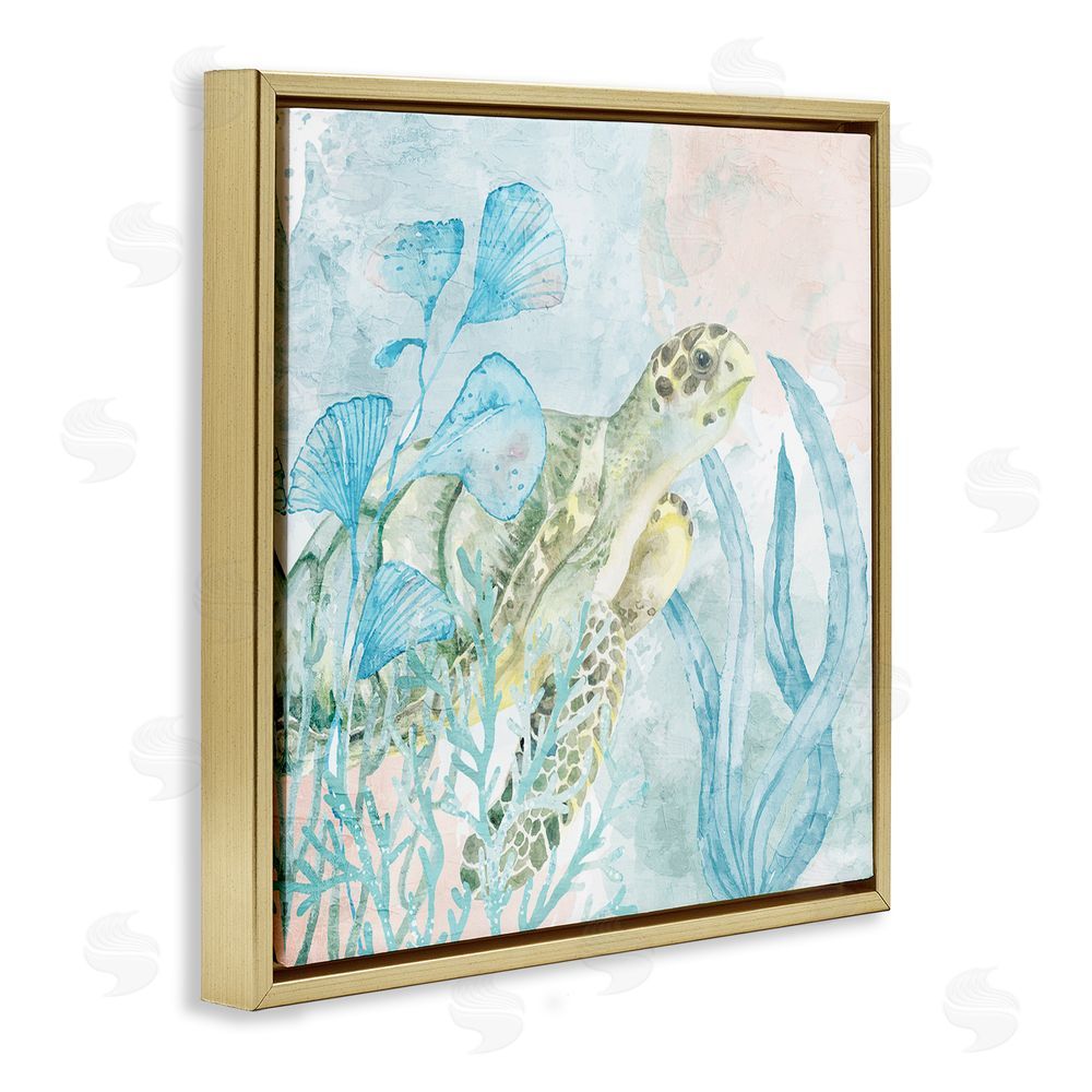 Kim Allen Sea Swim Turtle Gold Floating Frame Canvas Wall Art Print