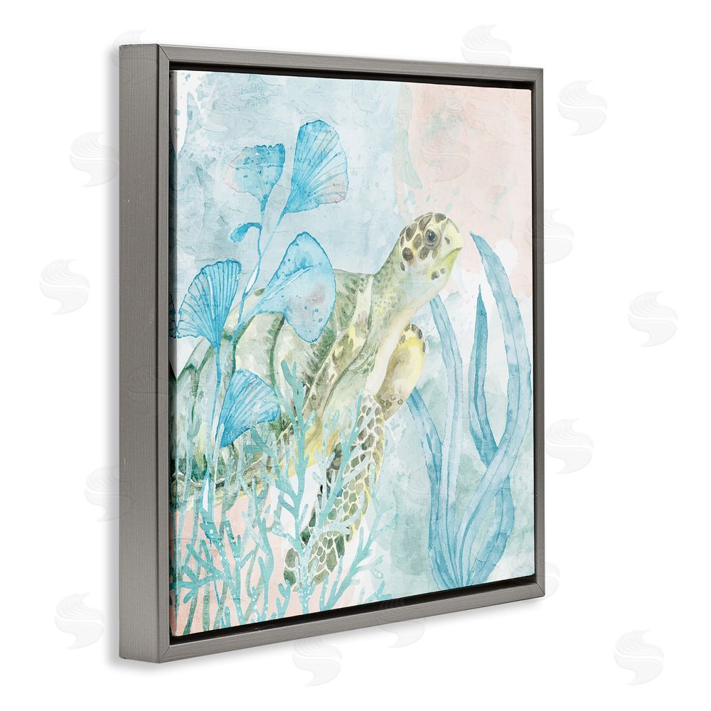 Kim Allen Sea Swim Turtle Gray Floating Frame Canvas Wall Art Print