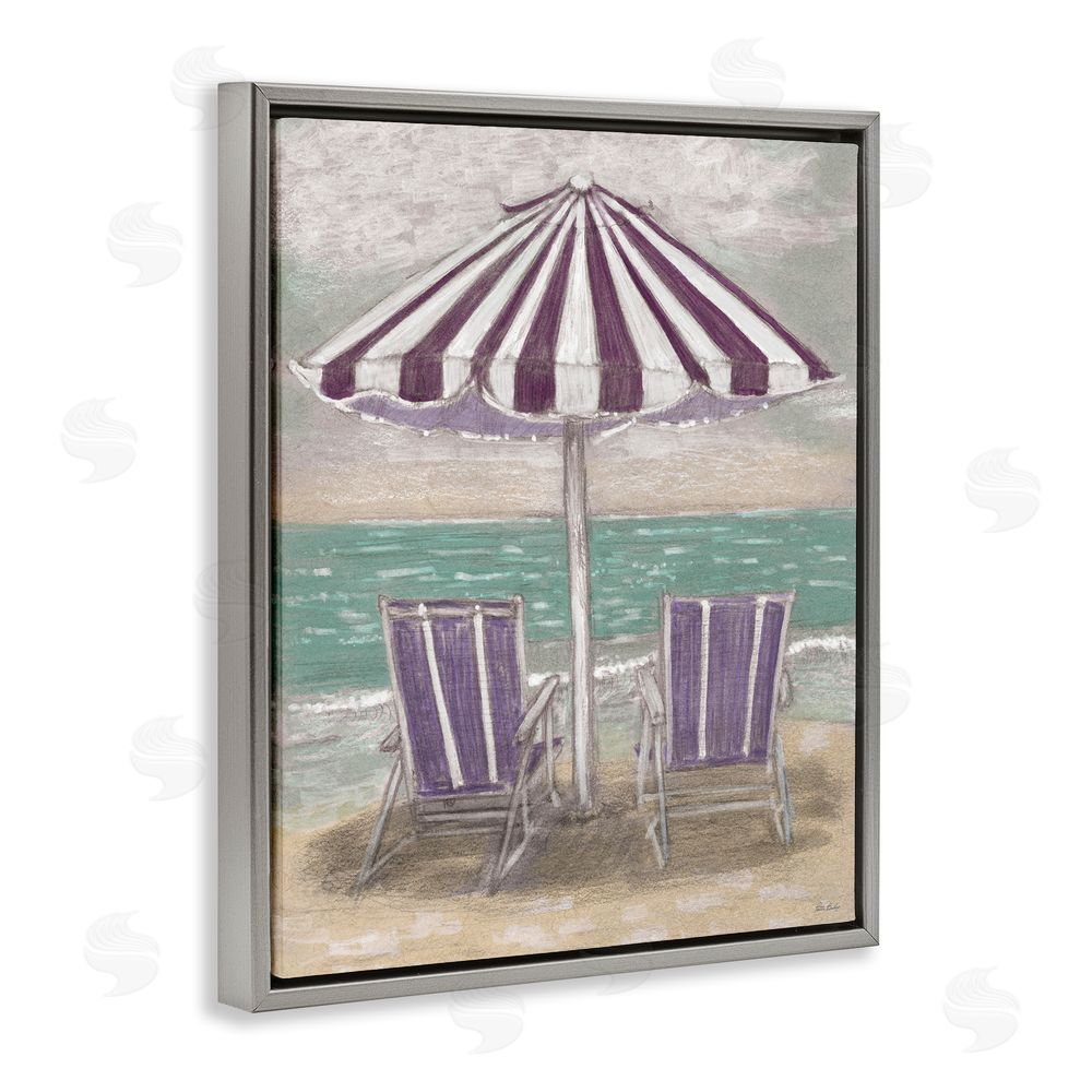 Patti Bishop Umbrella & Chairs on Beach Gray Floating Frame Canvas Wall Art Print