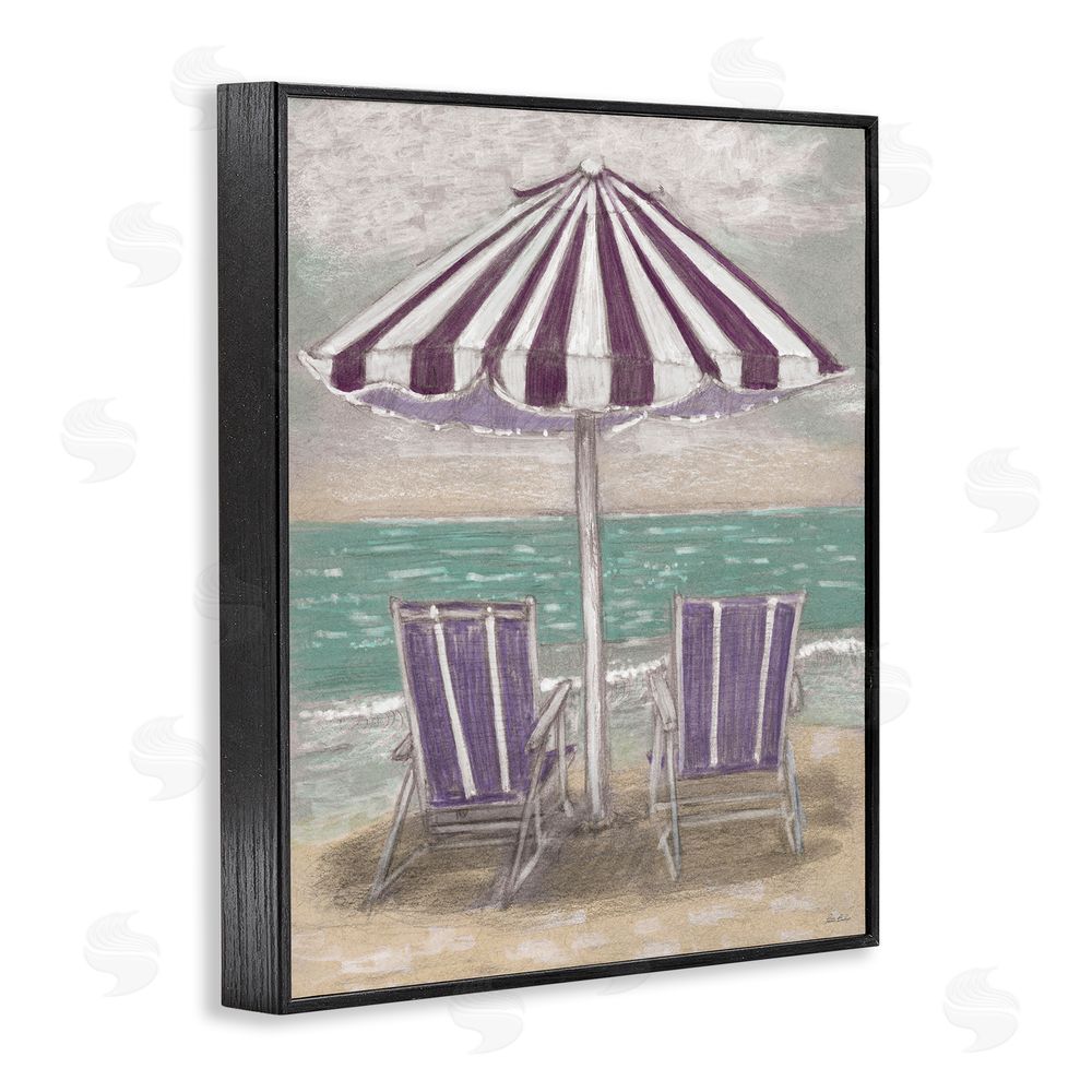 Patti Bishop Umbrella & Chairs on Beach Black Framed Giclee Wall Art Print