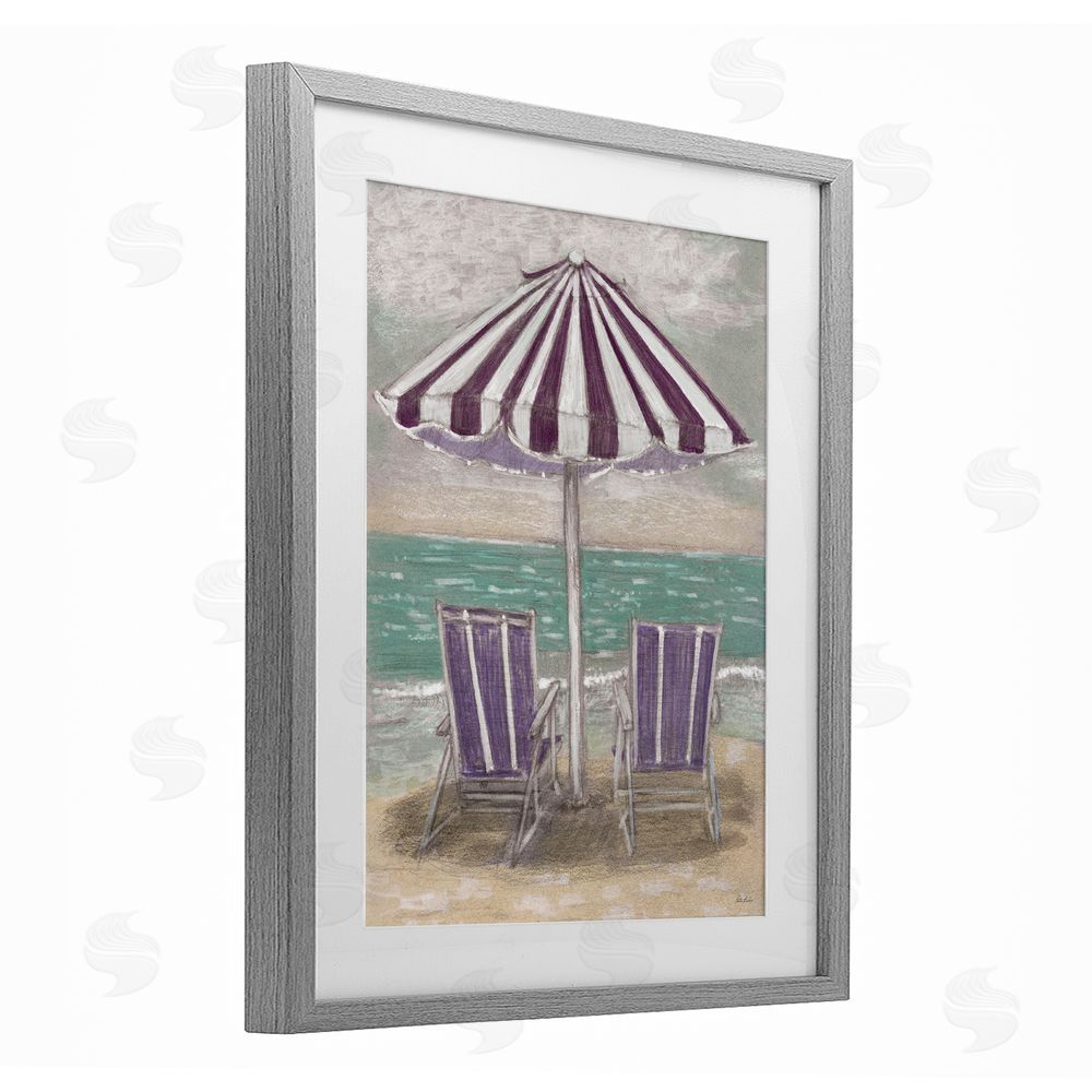 Patti Bishop Umbrella & Chairs on Beach Gray Framed Print Under Glass Wall Art