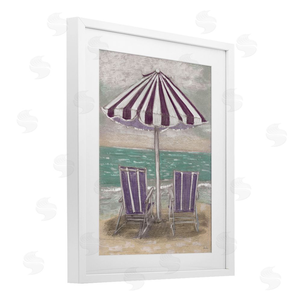 Patti Bishop Umbrella & Chairs on Beach White Framed Print Under Glass Wall Art