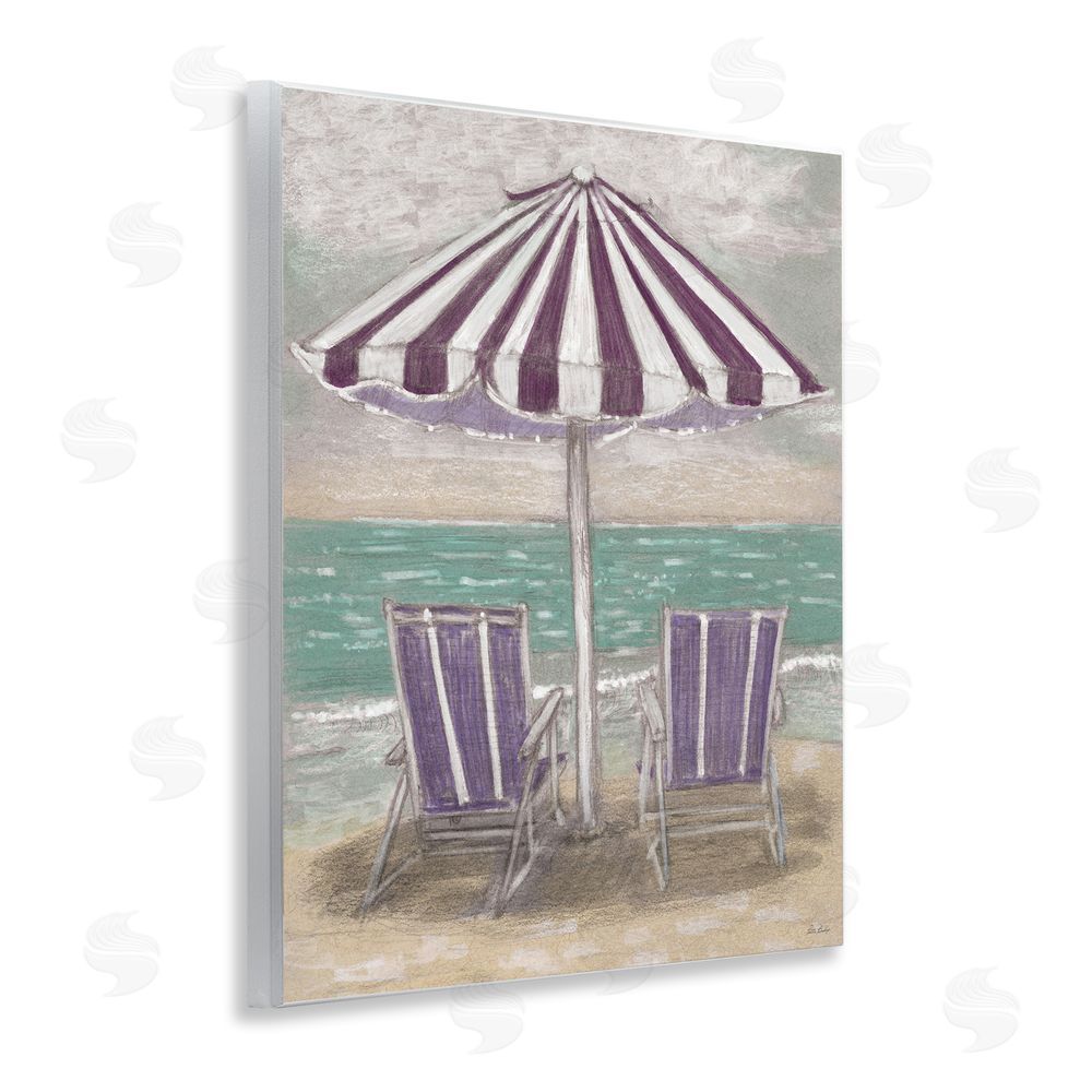 Patti Bishop Umbrella & Chairs on Beach Wooden Wall Plaque Art Print