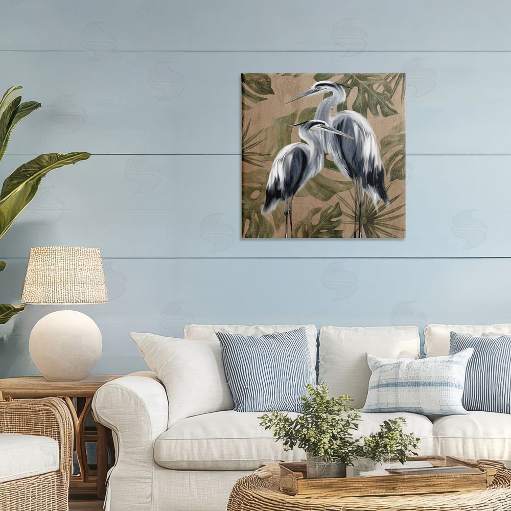 Kim Allen Two Herons over Tropical Leaves Stretched Canvas Wall Art in Room