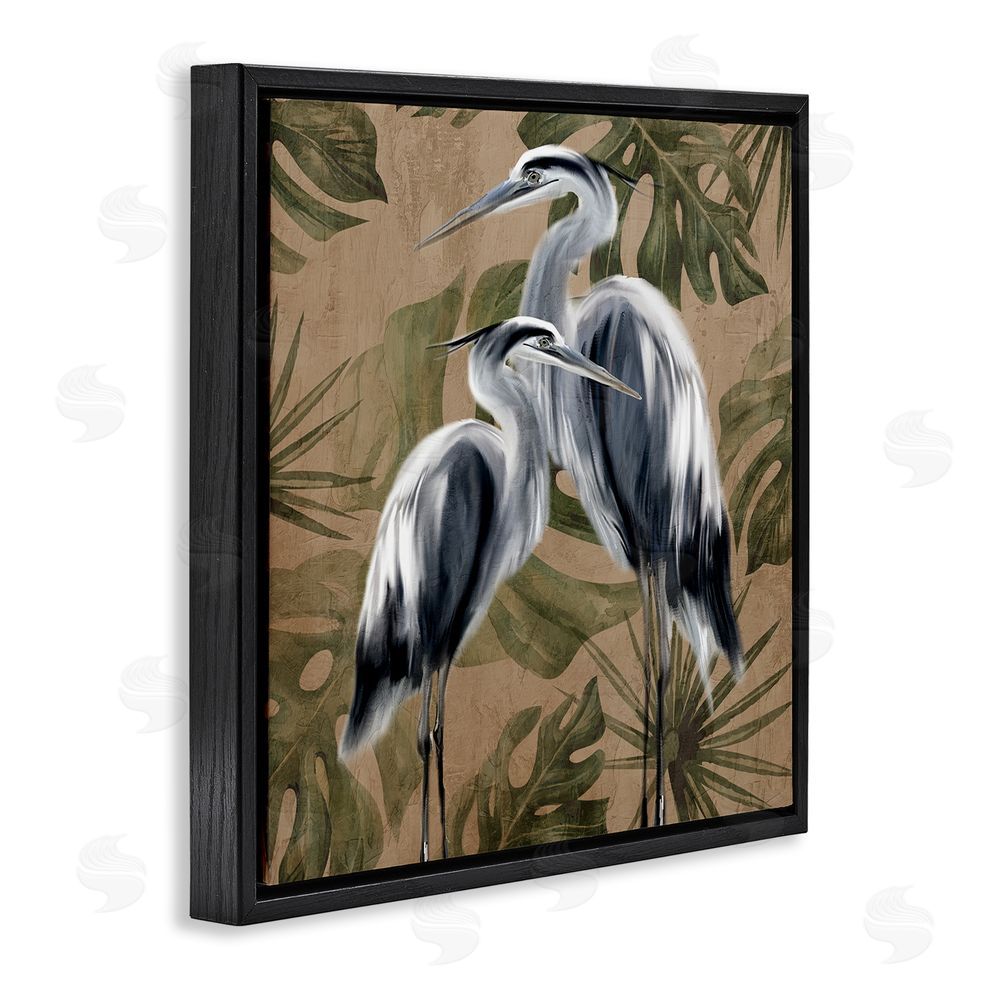 Kim Allen Two Herons over Tropical Leaves Black Floating Frame Canvas Wall Art Print