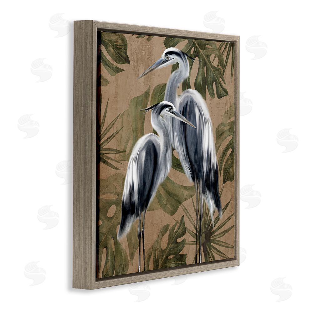 Kim Allen Two Herons over Tropical Leaves Brown Floating Frame Canvas Wall Art Print