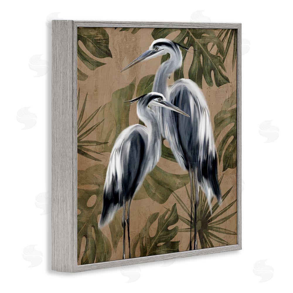 Kim Allen Two Herons over Tropical Leaves Gray Framed Giclee Wall Art Print
