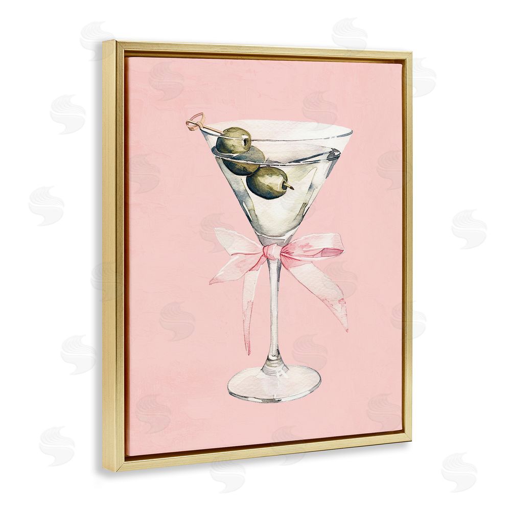 Kim Allen Martini with Pink Bow Gold Floating Frame Canvas Wall Art Print
