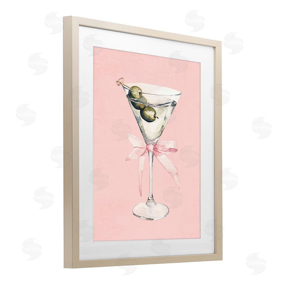 Kim Allen Martini with Pink Bow Brown Framed Print Under Glass Wall Art