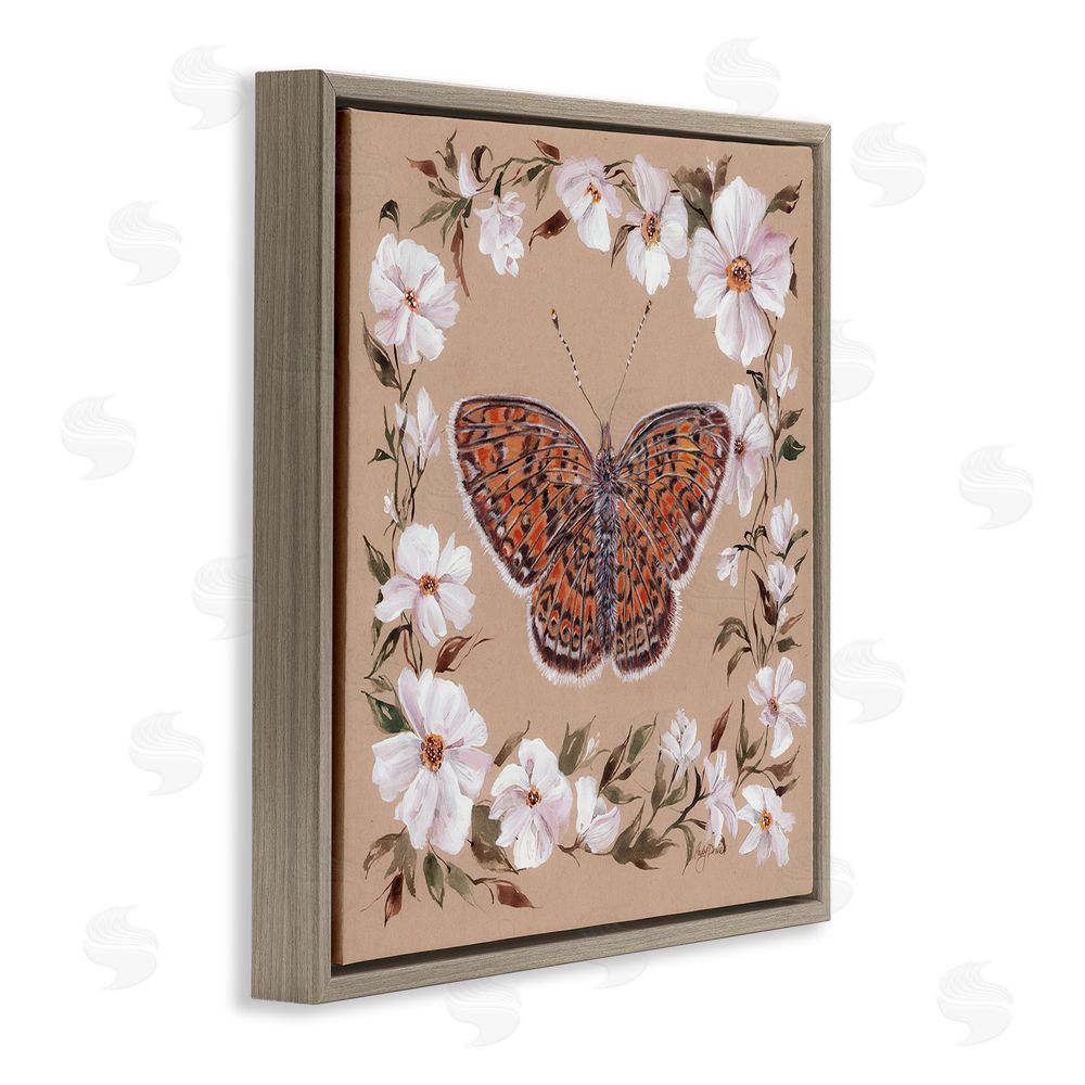 Cady Driver Vintage Butterfly with Blossom Border Brown Floating Frame Canvas Wall Art Print