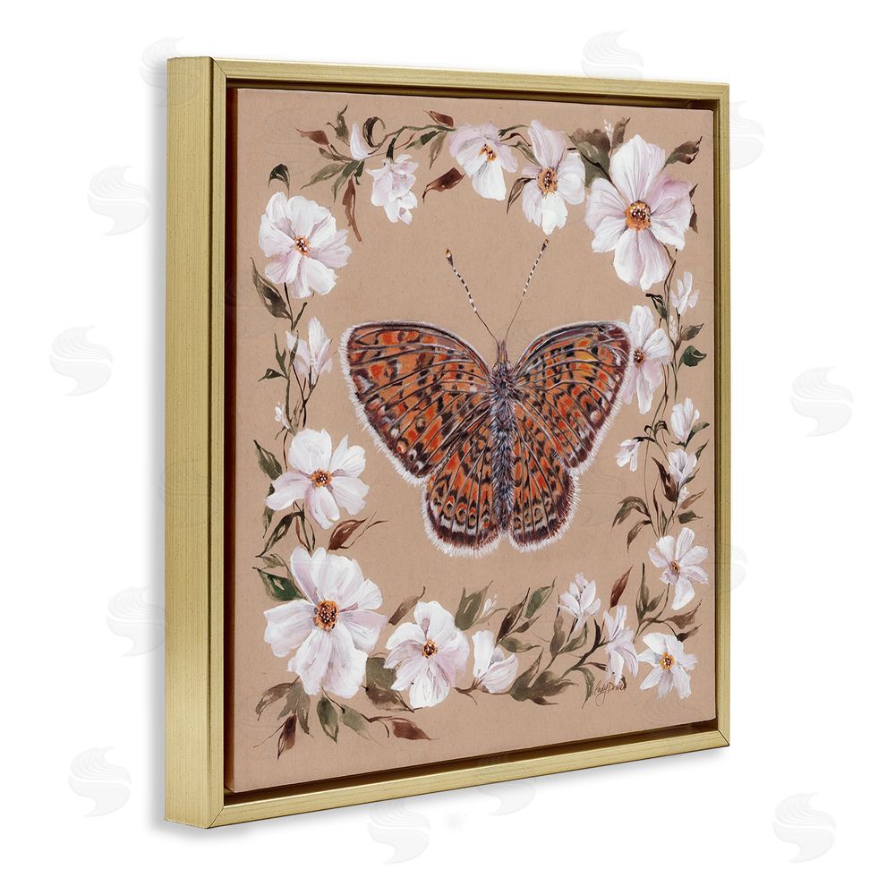 Cady Driver Vintage Butterfly with Blossom Border Gold Floating Frame Canvas Wall Art Print