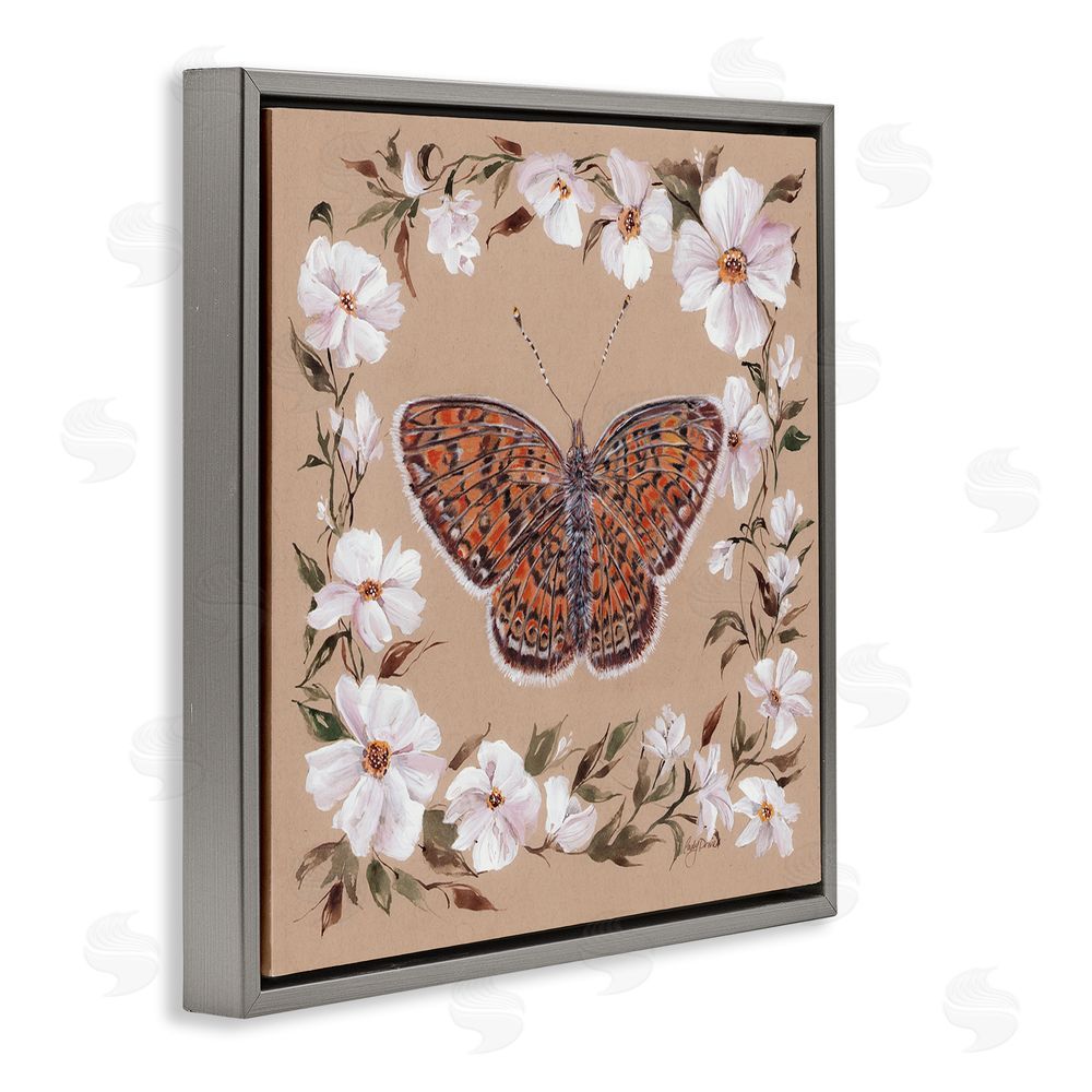 Cady Driver Vintage Butterfly with Blossom Border Gray Floating Frame Canvas Wall Art Print