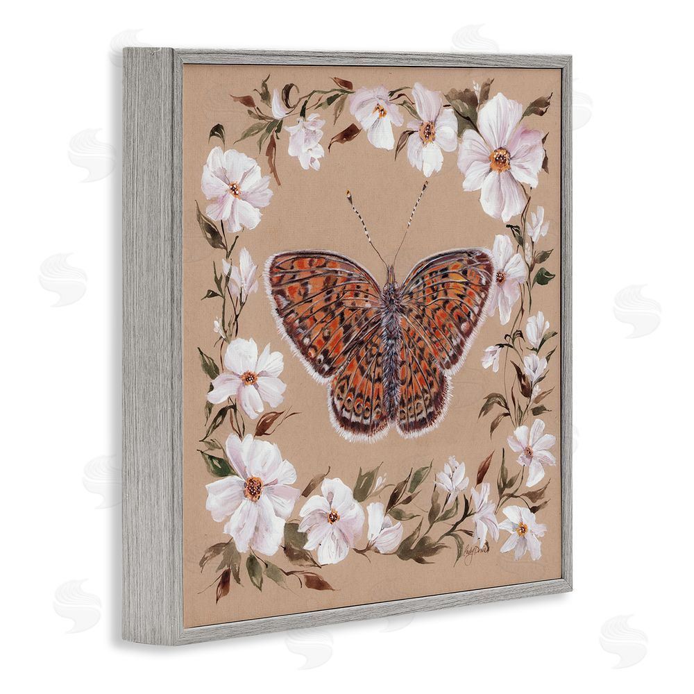 Cady Driver Vintage Butterfly with Blossom Border Gray Framed Giclee Wall Art Print