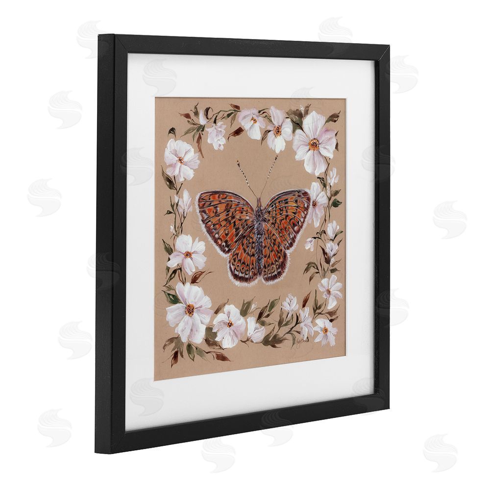 Cady Driver Vintage Butterfly with Blossom Border Black Framed Print Under Glass with White Mat Wall Art