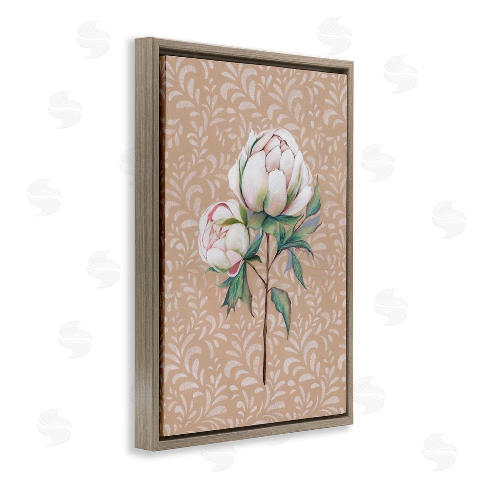 Cady Driver Peony Sprouts over Leaf Pattern Brown Floating Frame Canvas Wall Art Print