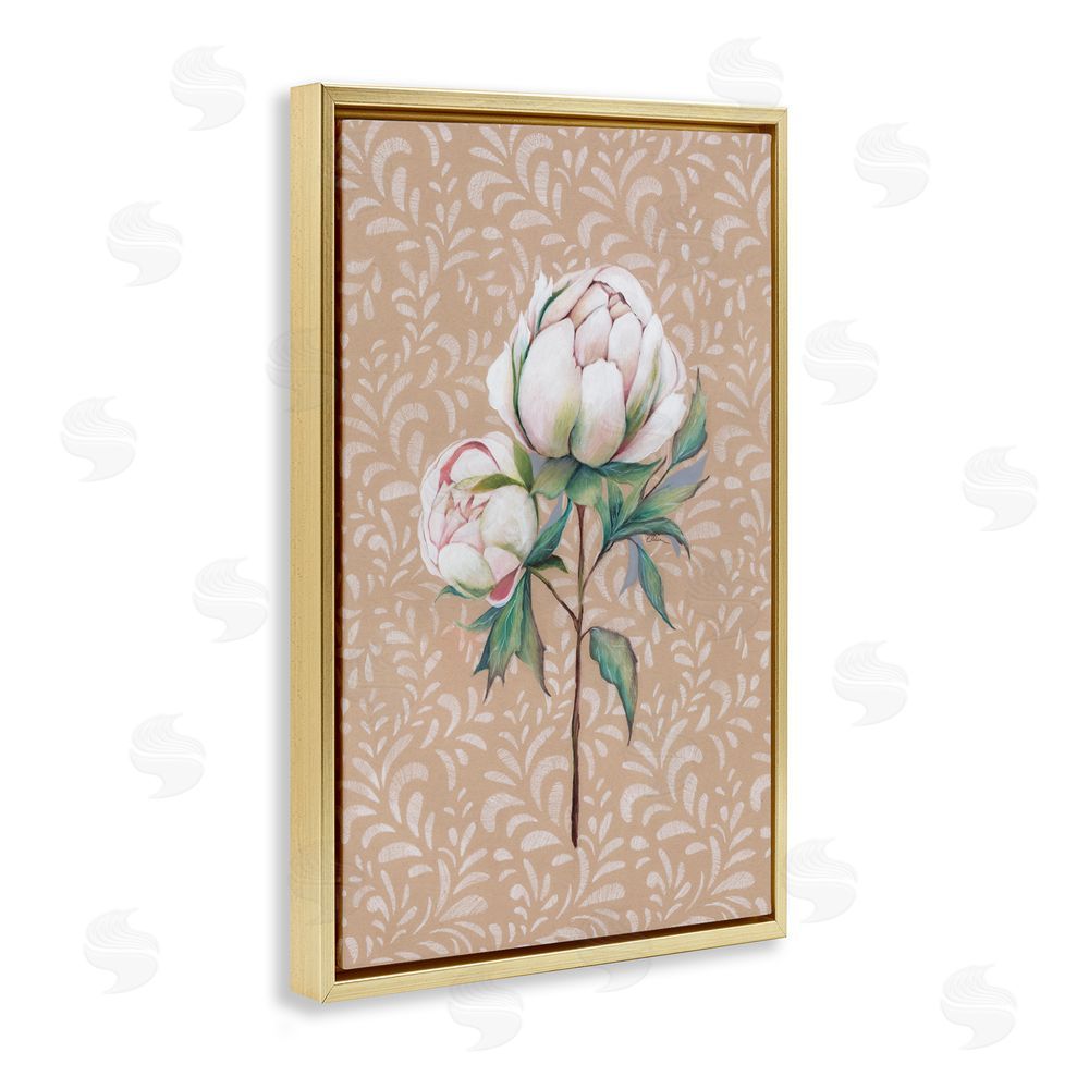Cady Driver Peony Sprouts over Leaf Pattern Gold Floating Frame Canvas Wall Art Print