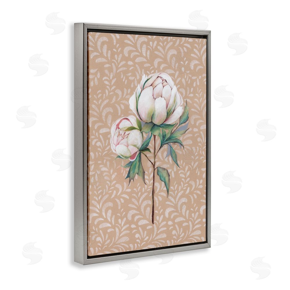 Cady Driver Peony Sprouts over Leaf Pattern Gray Floating Frame Canvas Wall Art Print