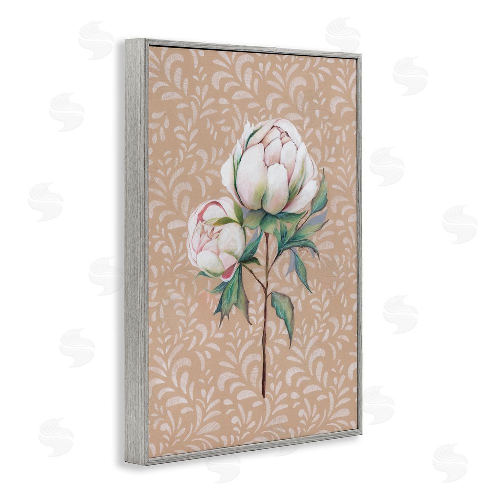 Cady Driver Peony Sprouts over Leaf Pattern Gray Framed Giclee Wall Art Print