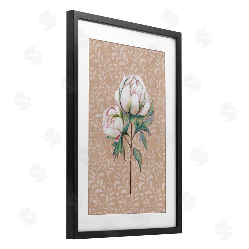 Cady Driver Peony Sprouts over Leaf Pattern Black Framed Print Under Glass with White Mat Wall Art