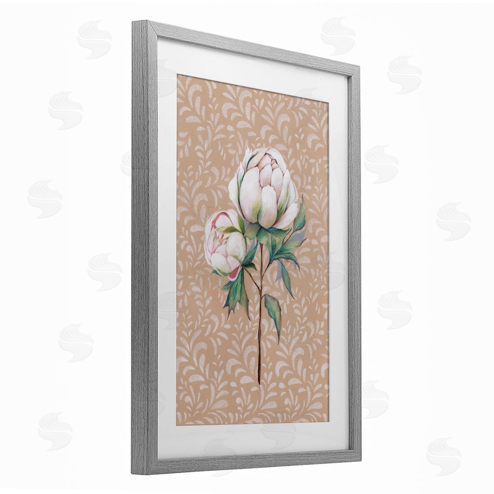 Cady Driver Peony Sprouts over Leaf Pattern Gray Framed Print Under Glass with White Mat Wall Art