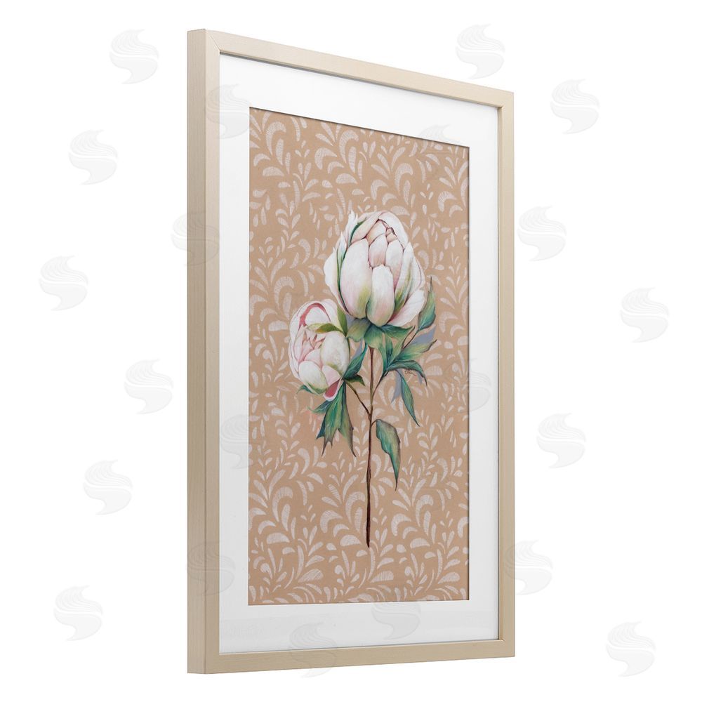 Cady Driver Peony Sprouts over Leaf Pattern Birch Framed Print Under Glass with White Mat Wall Art
